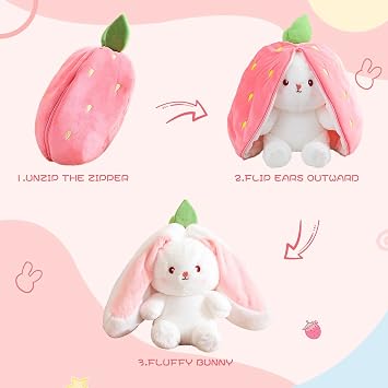Reversible Bunny Stuffed Animal Rabbit Cuddle Stuffed Strawberry Transformed Rabbit Plush with Zipper 8 Easter Bunny Plushies Gifts for Baby Boys Girls (Strawberry)