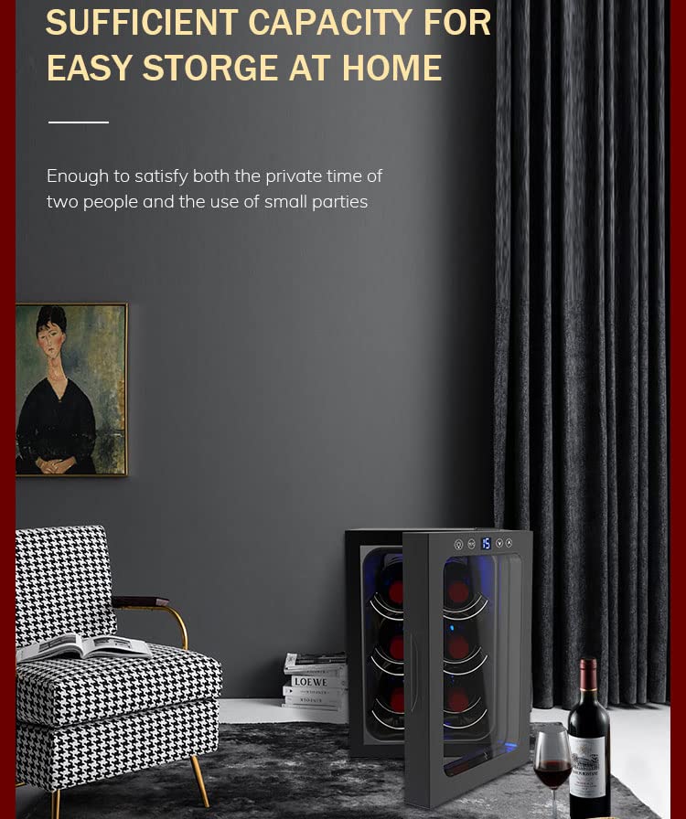 6 Bottiglia di Vino Thermo Electric Wine Cooler, refrigeratore Counter Top Wine Cellar con Display Digitale della Temperatura, Frigorifero Indipendente Porta in Vetro Affumicato - immagine 4
