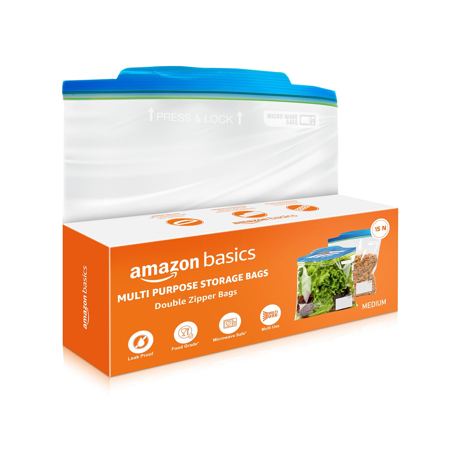 Amazon Basics - Multipurpose Zip Lock Storage Bags | 15 Bags | Medium | 26 x 28 cm | Reusable and Reclosable with Double Zipper | Material Plastic | Leak- Proof | Food Grade | Microwave Safe-image-35