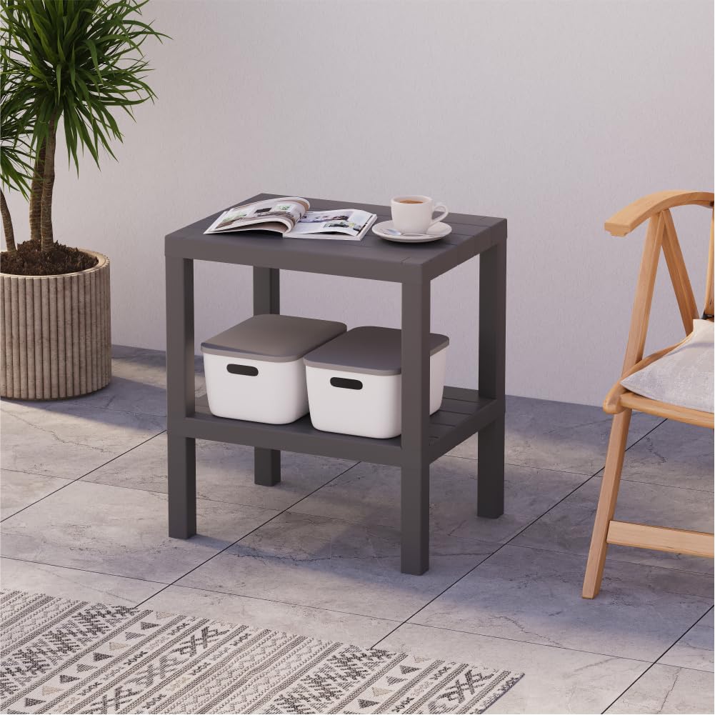sugodesign OMBEG 2-stöckiger Mehrzweck-Beistelltisch, Nachttisch, Rechteckig, Wasserfester Kunststoff, Tragkraft 10 kg pro Boden, für Bad, Küche, Balkon, Schlafzimmer (grau)