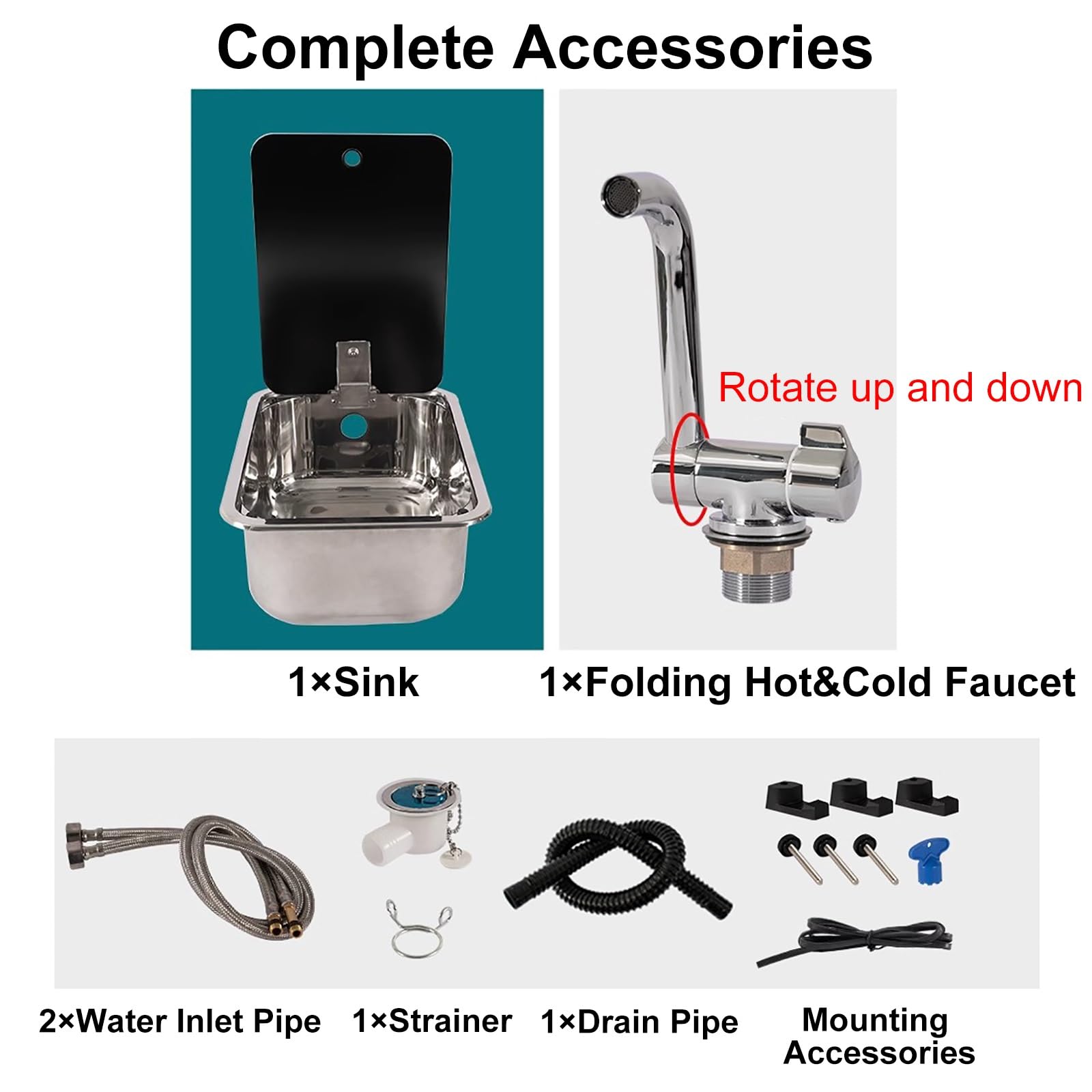 Kompaktes Spülbecken-Set, Edelstahl-Spüle für die Außenküche mit Abdeckung, Wasserhahn und Sieb, ideal für Camping, Wohnwagen und Wohnmobile (runde Farbe)