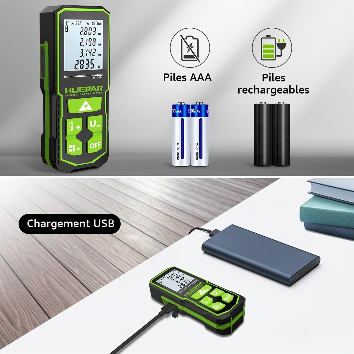 Télémètre Laser à Rayon Vert 60m, Huepar Digital Meter avec écran LCD, Batterie Rechargeable et Affichage à Deux Angles, Pythagore/Distance/Surface et Volume S60-G