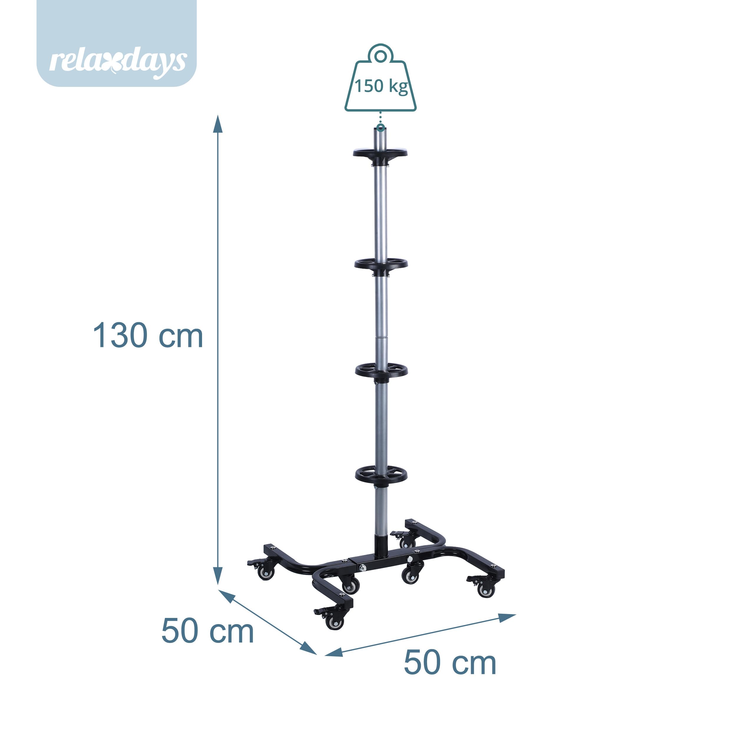 Relaxdays Reifenständer mit Rollen, für 4 Reifen mit Felgen, Reifenlager bis 150 kg, HBT: 130x50x50 cm, Stahl, schwarz