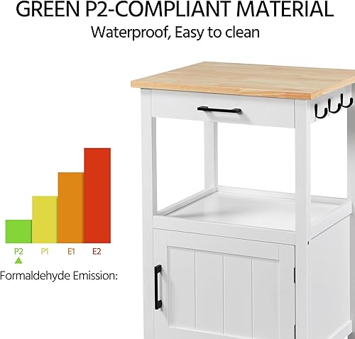 Miniatura 7 de Topeakmart Carrito de cocina con ruedas con parte superior de madera, estante de cajón de almacenamiento y ganchos laterales, para comedores,