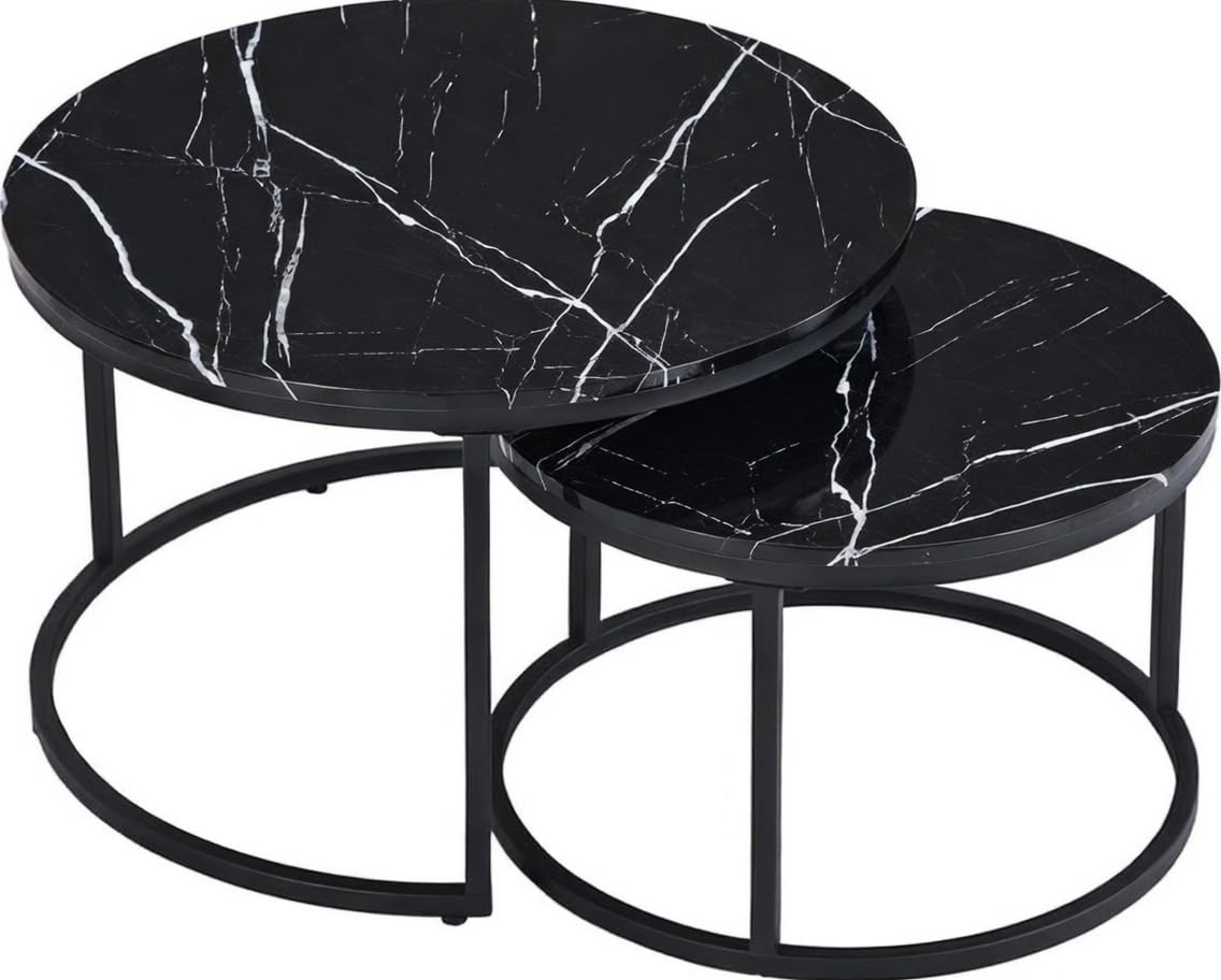 Home Heaven® Couchtisch Rund Schwarz Marmor 2er Set – Runder Wohnzimmertische in Marmor Optik Ø70cm Ø50cm
