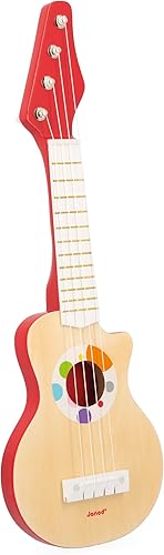 Janod - Guitarra de rock de madera de confeti - Juguete musical de juego de simulación - Incluye 4 cuerdas de plástico + 4 piezas de repuesto - 3