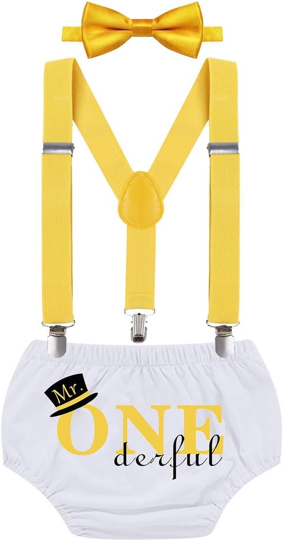 MYRISAM Mr. Onederful Cake Smash Outfit Boy First Birthday Photo Shoot Set Bloomers Suspenders Bowtie Baby Shower Costume
