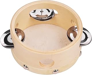 Mini Tambourines 2pcs 4/6/8 Inch Hand Tambourine with Metal Single Row Jingles Sheepskin Drum Wooden Tambourines Musical Timbrel(Beige 4 inch)