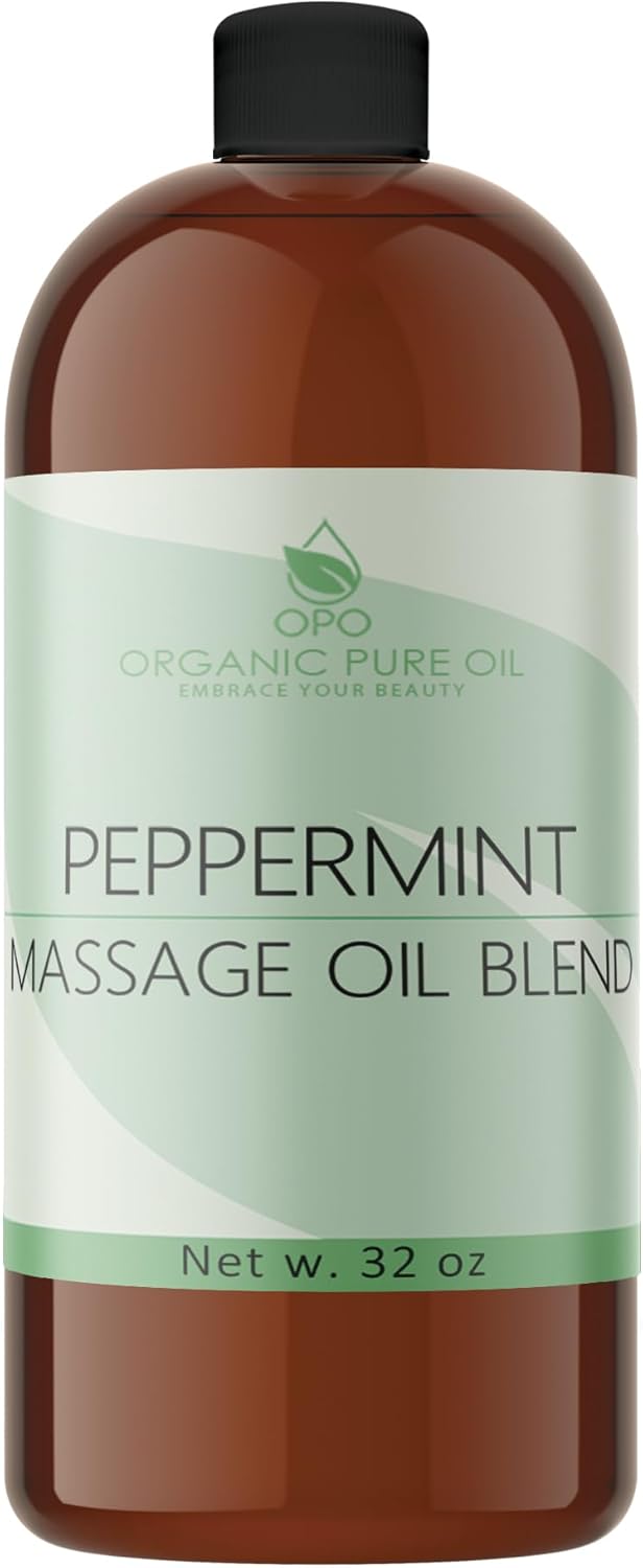 Peppermint Massage Oil Blend - Natural, Non-GMO, Peppermint Essential Oil Mix of Jojoba, Argan, Grapeseed & More - 32 oz - Soothing, Deep Tissue, Muscles - Packaging May Vary