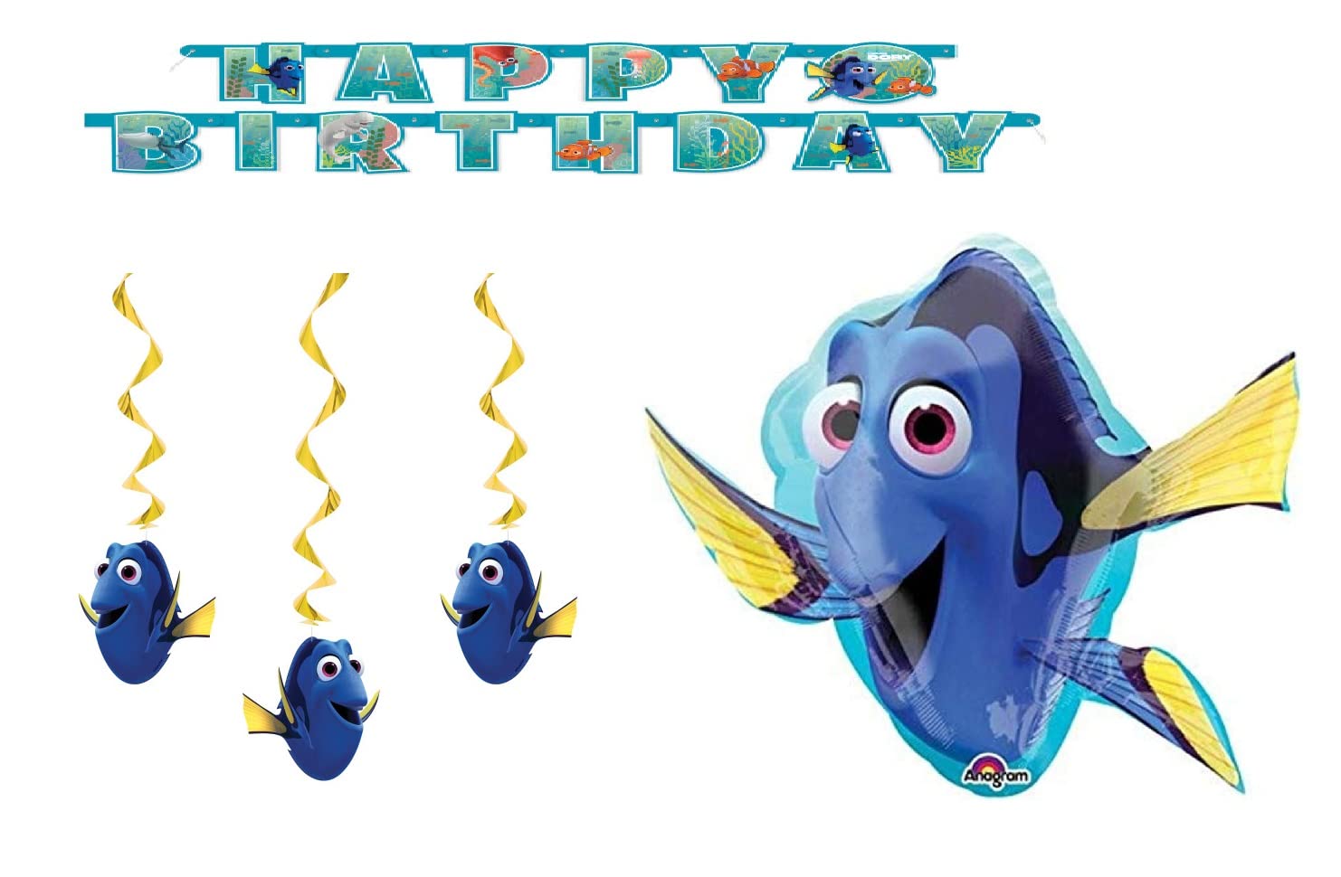 Finding Dory Birthday Party Supplies Bundle Pack includes Happy Birthday Banner, Hanging Decorations, SuperShape Mylar Foil Balloon 30 inch