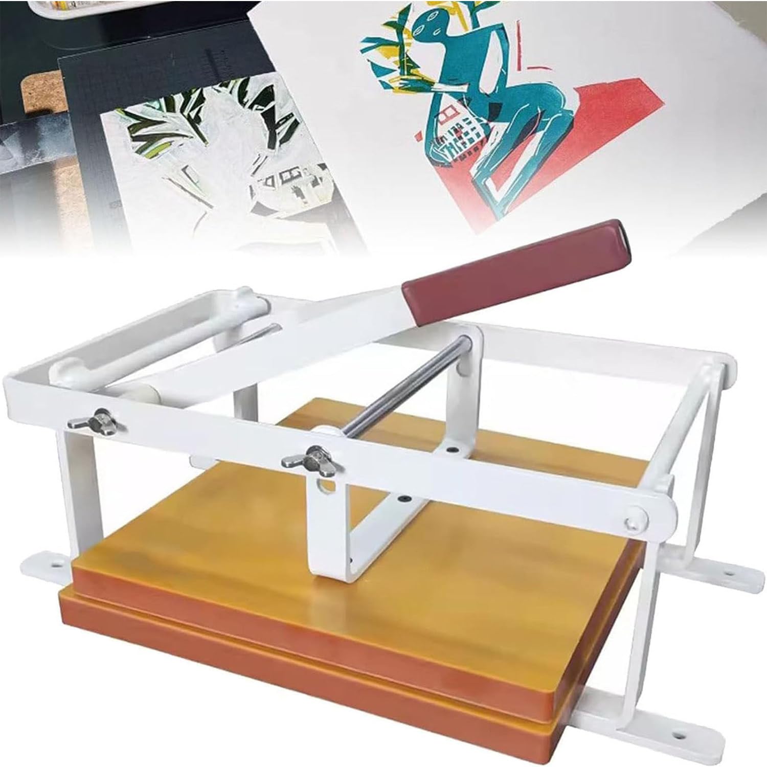 Prensa de impresión manual de cama plana con palanca de mano y ajuste de altura para impresión, arte de bloques de madera, linocut