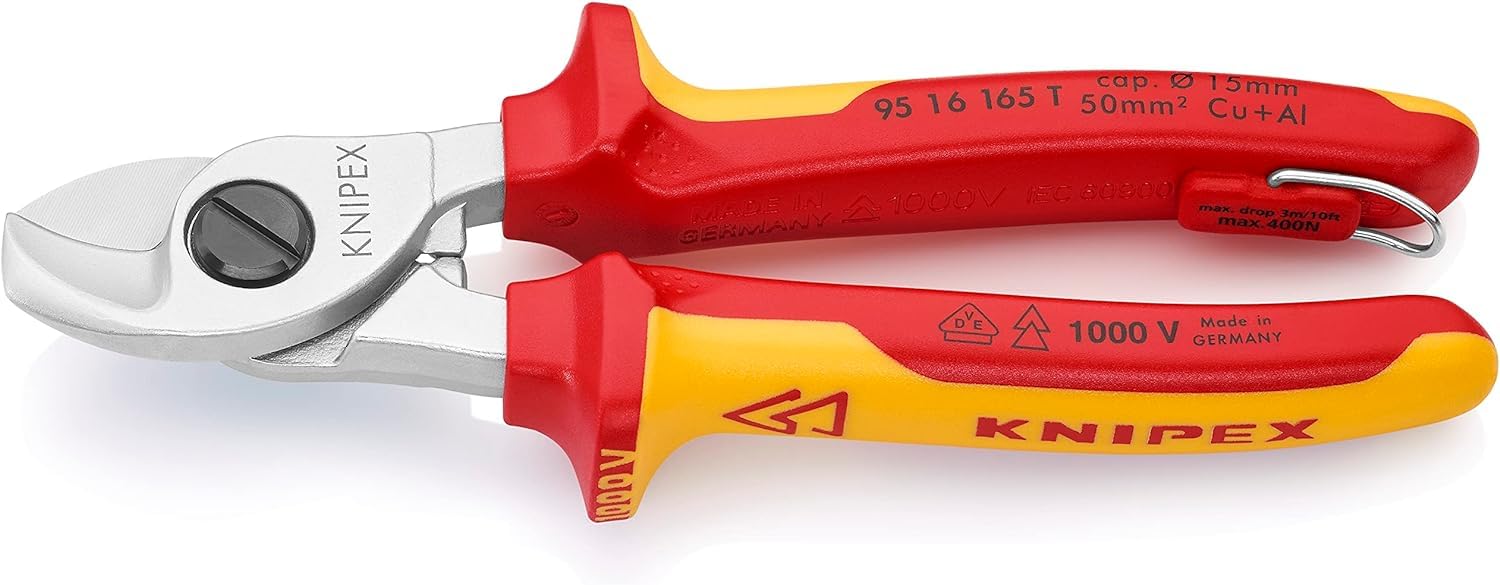 KNIPEX Cesoia per cavi in blister cromata isolante con, 95 16 165 T BK | manici rivestiti in materiali bicomponente, collaudati VDE; con anello di
