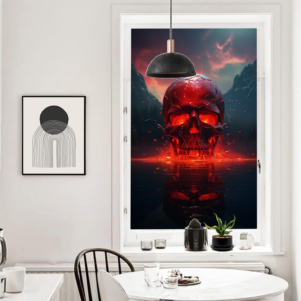 Abstrakter roter Totenkopf Buntglas-Fensterfolie, Vintage, Bergsee, Landschaft, dekorative Milchglas-Sichtschutzfolie, Hitzeregulierung, statische Haftung, Fensteraufkleber, 80 x 120 cm