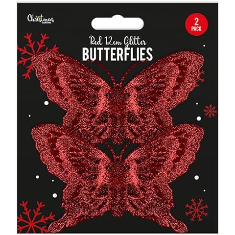 Red Glitter Butterflies (2 Pcs) Glitter Clip on Feather Xmas Tree Decoration Ornaments Wedding Home Party Event Craft Embellishment Festive Stylish Curtain Clip Cover