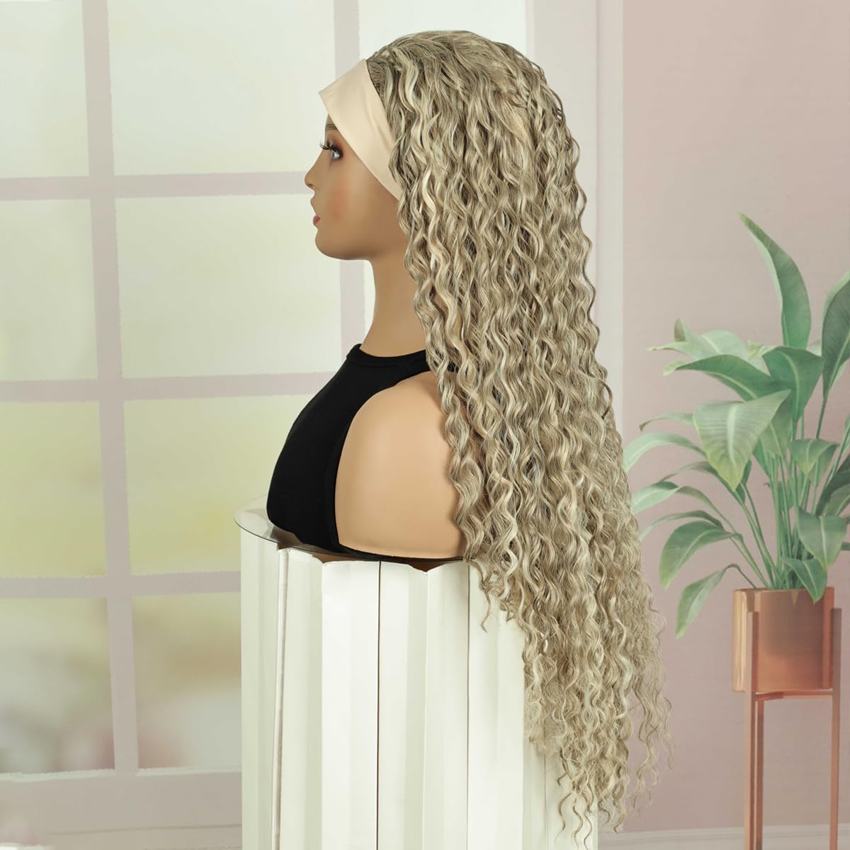 Creamily Glueless Headband Wig Long Blonde Curly Headband Wigs for Black Women Synthetic Natural Looking Curly Wavy Wig Heat Resistant 180% Density (28 inch - Image 4