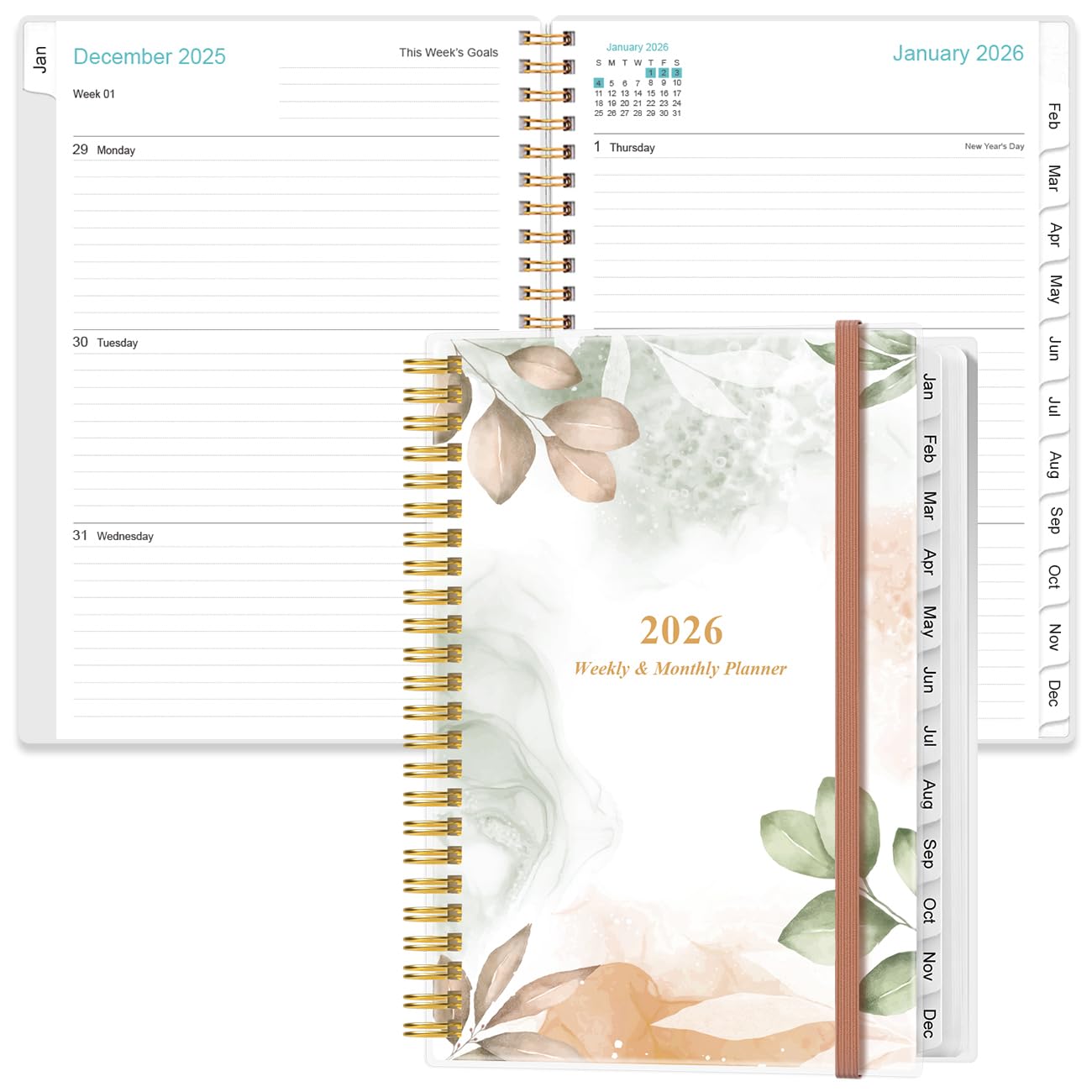 2026 Planner - A5 Weekly & Monthly Planner Spiral Bound, January 2026 - December 2026, with Flexible Cover, Tabs, Inner Pocket, 6.4" x 8.5", Rose Leaf