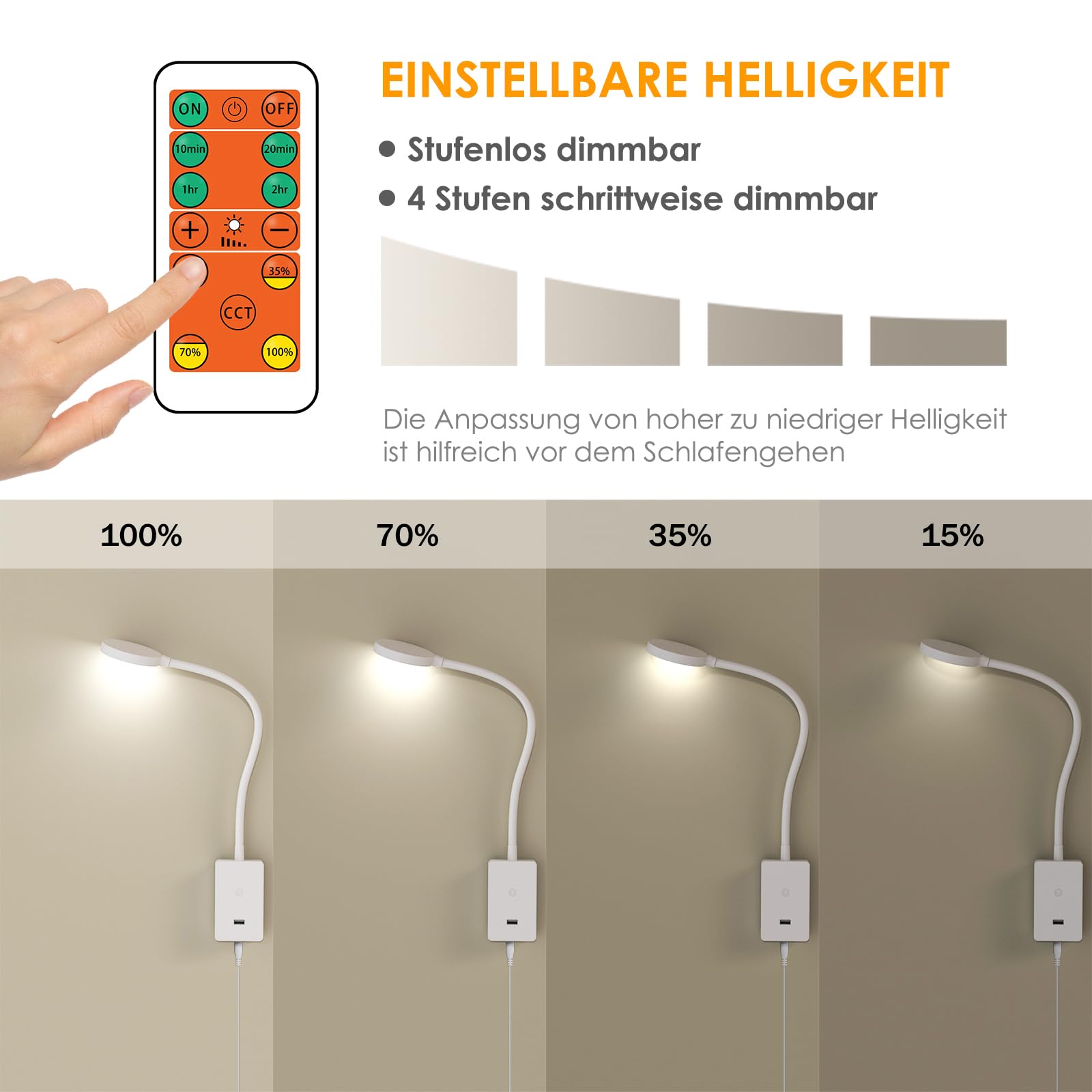 ENUOTEK Leselampe Bett Wandmontage, LED Wandleuchte Bettlampe, Dimmbar Schwanenhals Leseleuchte mit Fernbedienung, Schlafzimmer Leselicht, 4W Touch Wandlampe mit 2A USB Ladeanschluss 3 CCT Buchlampe