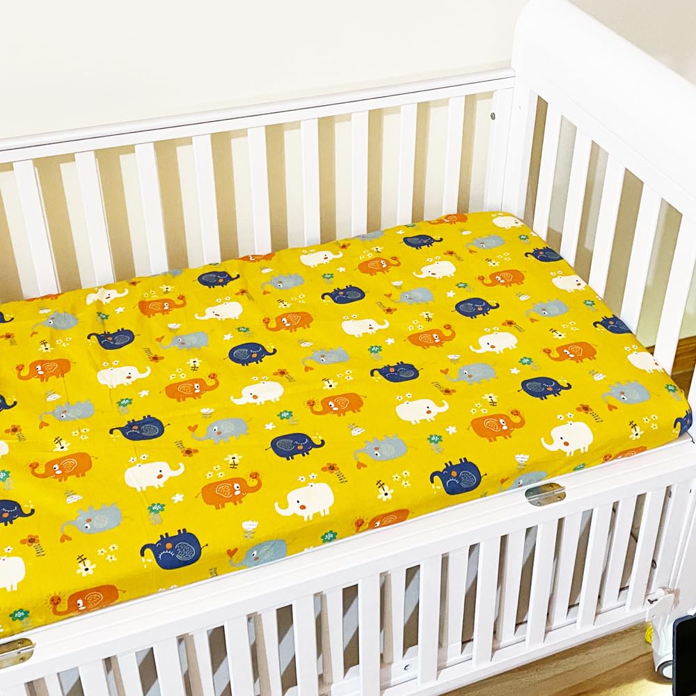 Odot Soft Cotton Cot Bed Sheets, Cartoon Bedside Cribs Fitted Sheets for Boys Girls, Newborn Bassinet Sheets, Baby Bed Sheets Stretch Edge Mattress Protector Easy Care (100x56cm,Yellow Elephant)