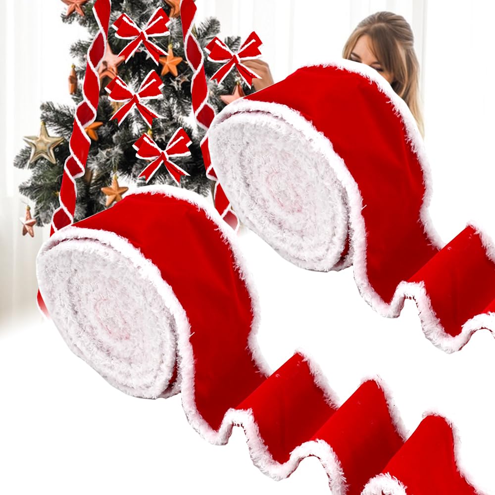 YBCCBY 2 Rolls Velvet Ribbon 2.5'' x 12 Yard Wire Edge Ribbons with Red Chiffon Fringe for Wedding, Christmas Wrapping, Bouquet & Gift Decoration