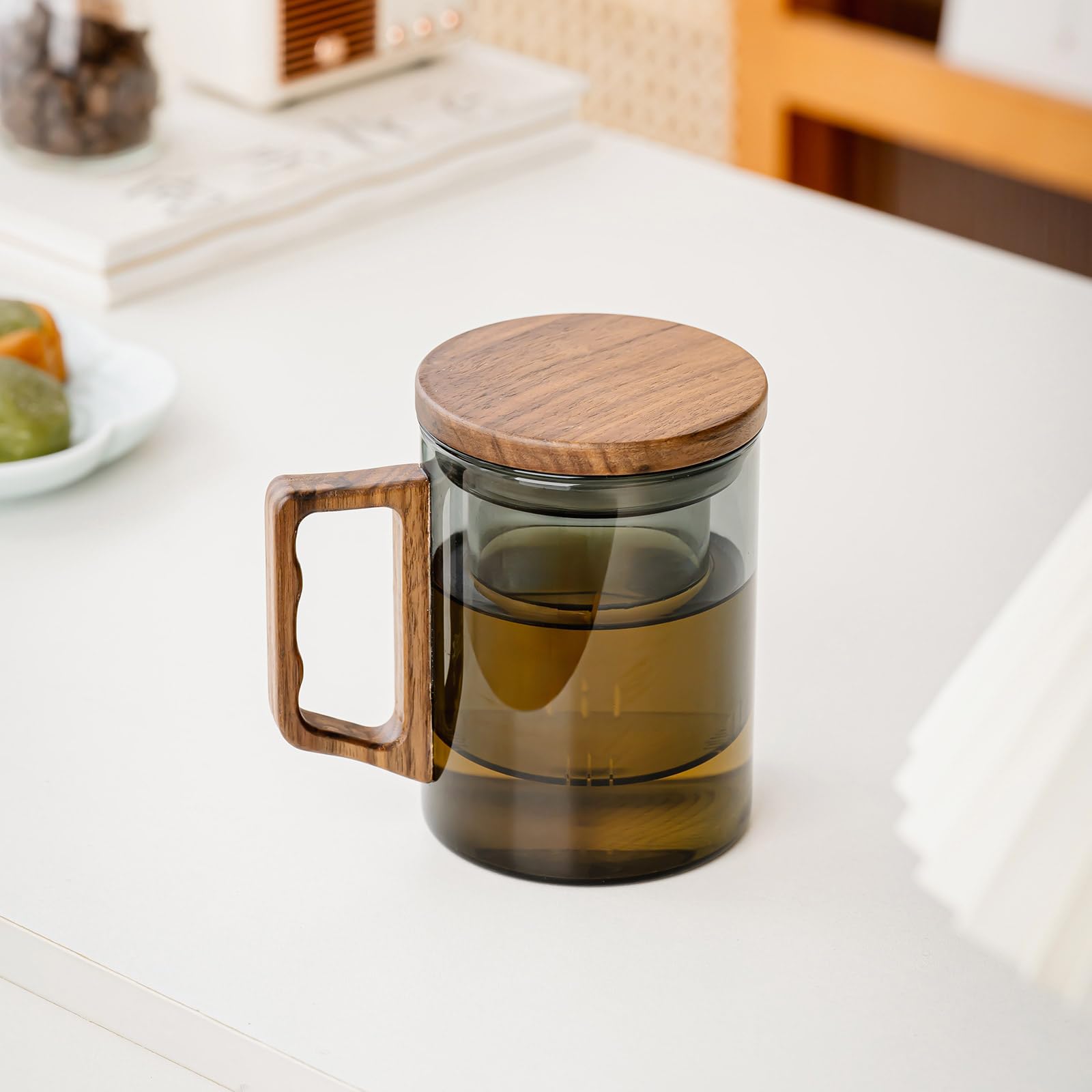 Tasse à thé en verre avec infuseur et couvercle, 400 ml, tasse à thé en verre borosilicate noir pour thé en vrac, tasse à thé avec poignée en bois, cadeau idéal