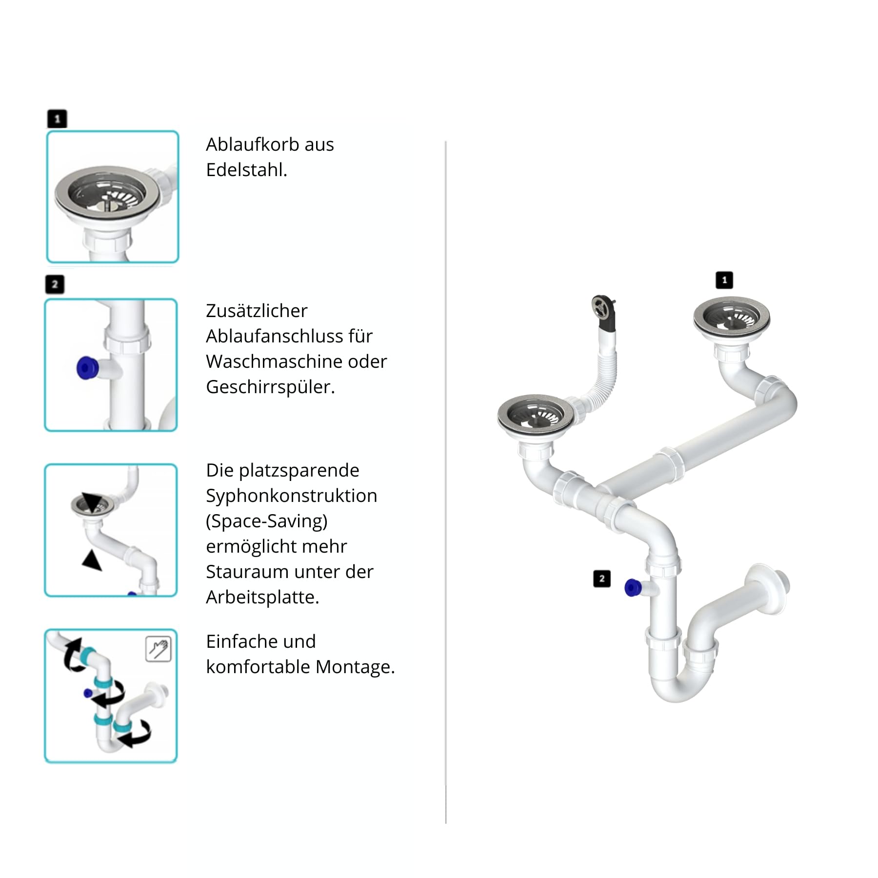 GRANMASTER Siphon Küchenspüle Manuelle 2-Kammer Raumsparsiphon mit überlauf - Ablaufgarnitur für Spüle - Made in Italy Anschluss an der Unterseite: 1 1/2" Siebkorb Excenterventil 3 1/2" - 38x26x12cm