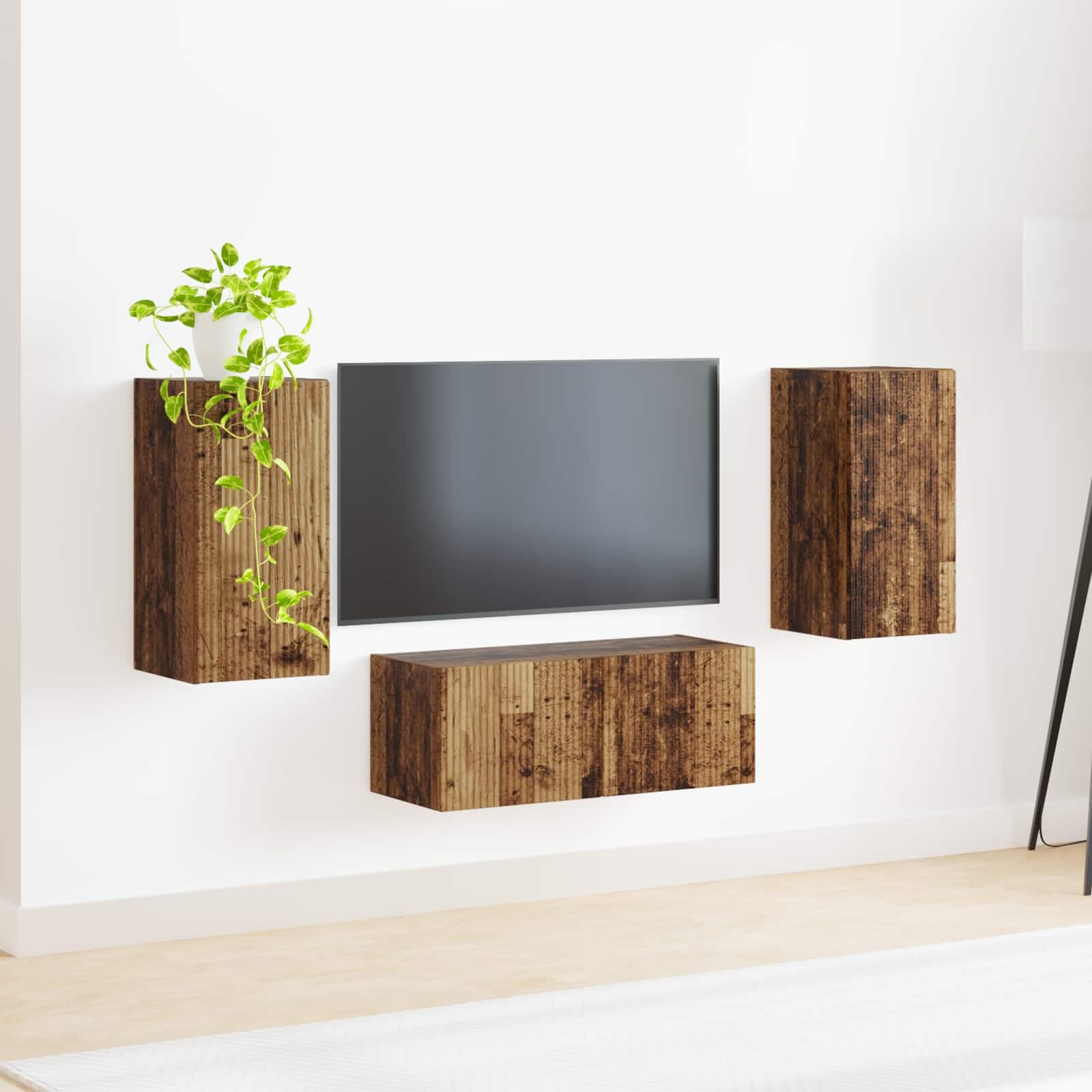 TV-Schrankset Wandmontiert, 6-teilig, Altholz, Holzwerkstoff, Modernes Media Center mit Stauraum, für Wohnzimmer, Schlafzimmer, 98 x 31 x 29,5 cm