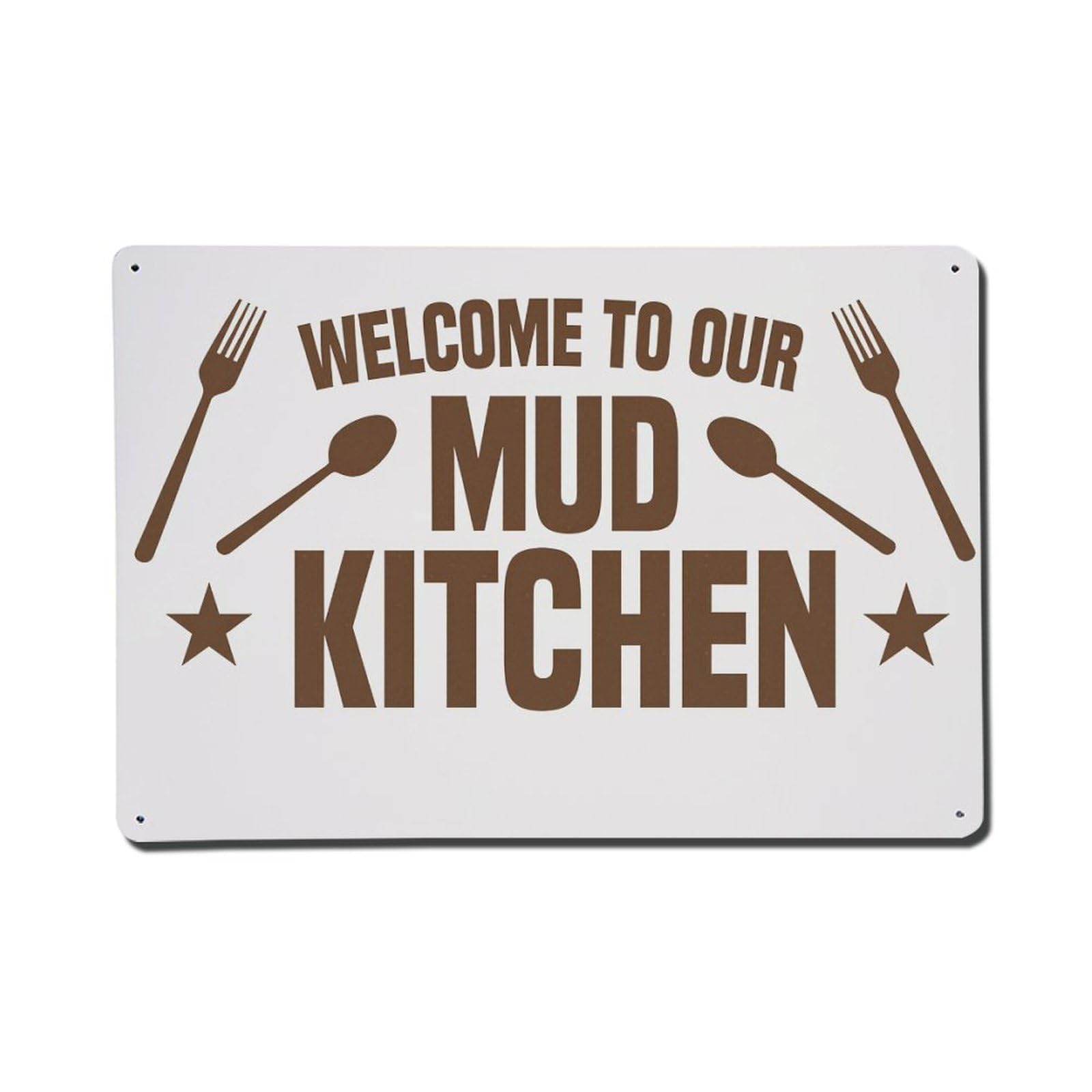 Welcome To Our Mud Kitchen Fork Spoon Star Tin Sign Vintage Metal Poster, Home Bar Garage Man Cave Cafe Indoor & Outdoor Wall Decoration 8x12Inches