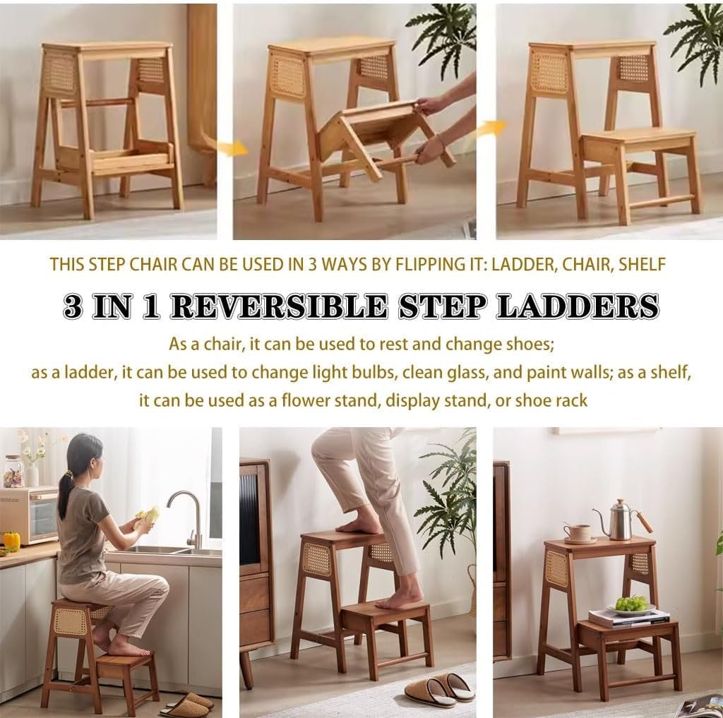Silla de Escalera Plegable Silla de Escalera de Tijera Escaleras de Tijera Plegables portátiles, Taburete de 2 Niveles para Cocina, Balcón Silla de Ocio de bambú, Fácil de almacenar