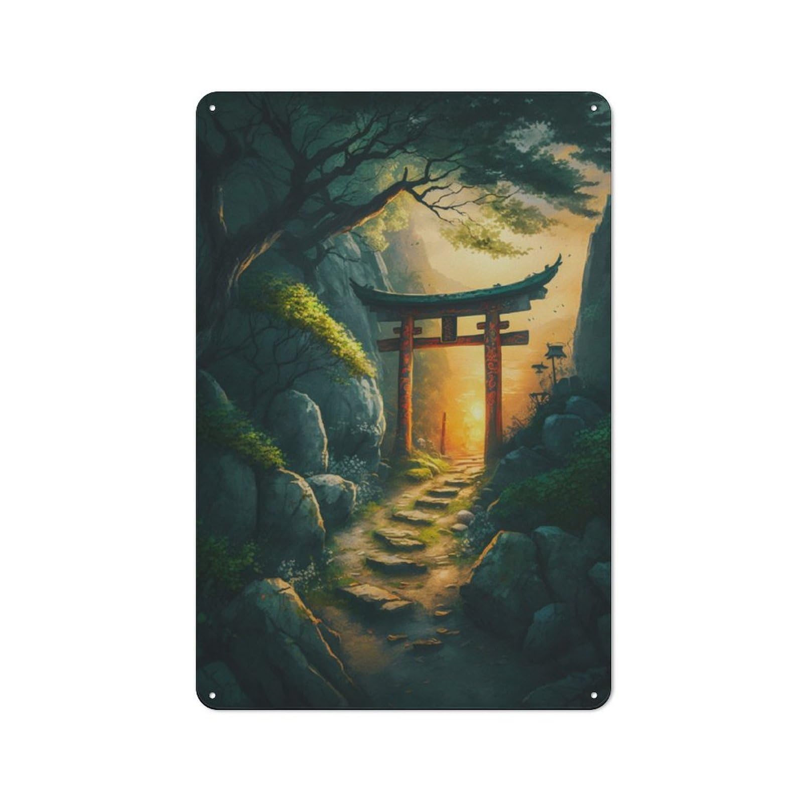 Junmoney Sinset In Torii Gate Metal Plaque 30X20cm With For Pub Or Café, Rustic Decor, For Garage, Workshop And Man Cave Decoration