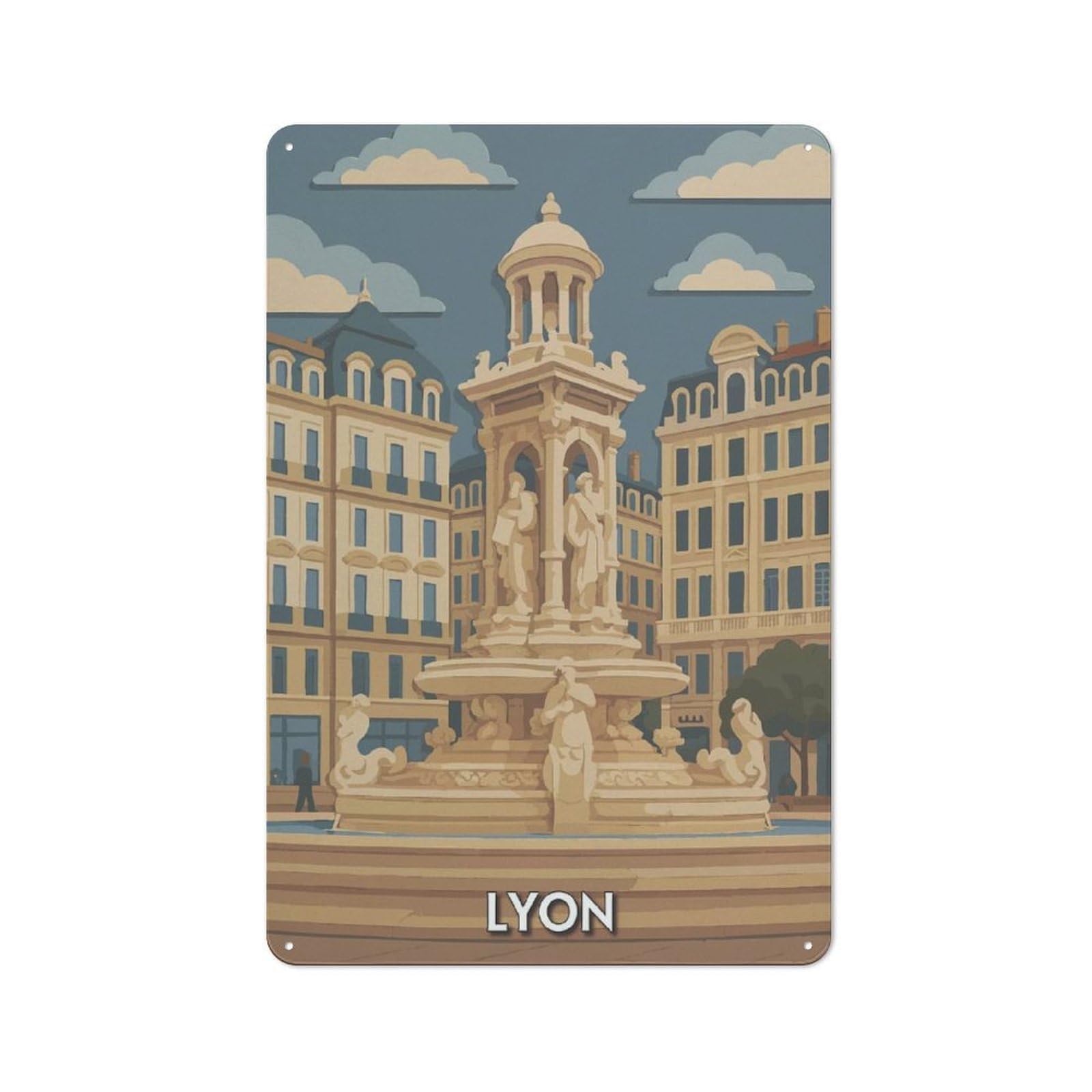 Junmoney Style-7 Lyon Cityscape Illustration Tin Wall Sign 30X20cm, Loft Style Industrial Wall Decor For Loft, Studio, Office Or Creative Room