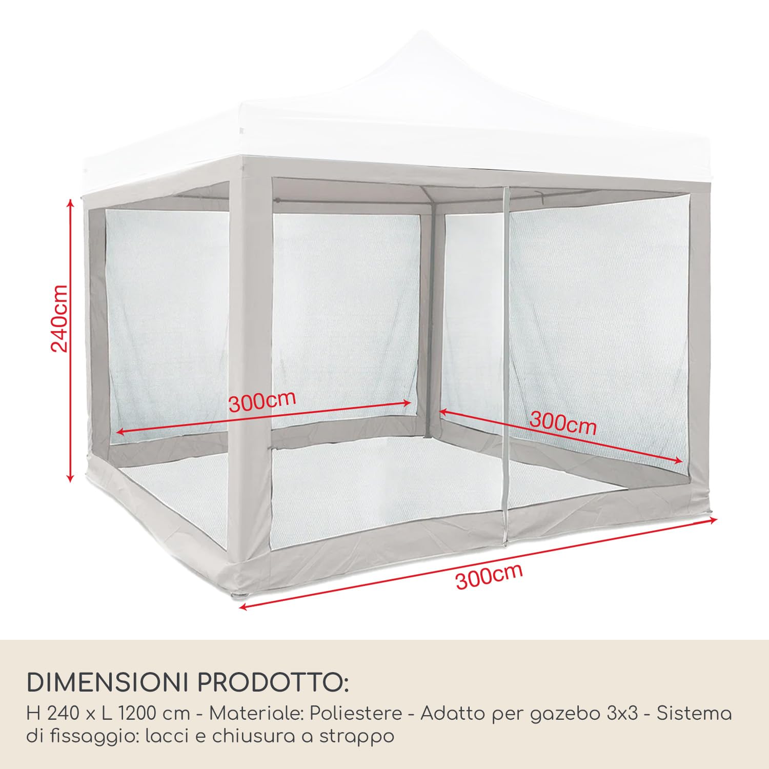 Rebecca Mobili Telo Zanzariera per Gazebo 3x3, Rete Anti Insetti, Poliestere, Bianco, con Lacci, Smontabile, Lavabile - Misure HxL: 240 x 1200 cm - Art. RE7013