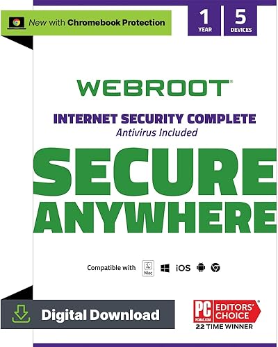 Webroot Seguridad de Internet completa Software antivirus 2023 5 dispositivos Descarga de 1 año para PCMacChromebookAndroidIOS + Administrador de