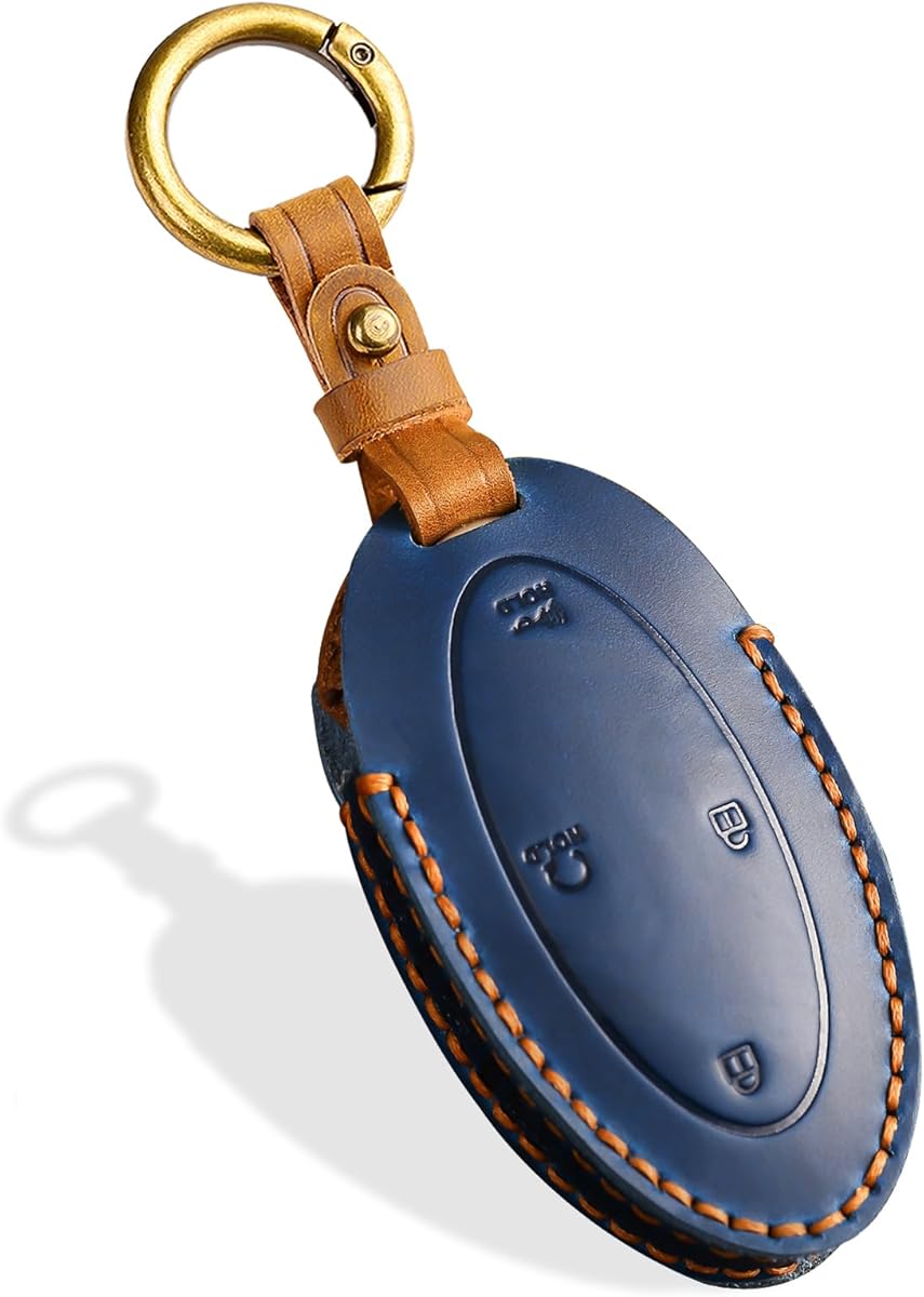 Leather Key Fob Cover, Compatible with 2023 2024 2025 ， No Screw Design Key Holder Protector (7 Button, Blue)
