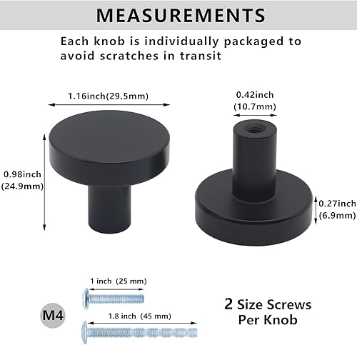 Miniatura 3 de Paquete de 30 pomos negros para gabinete, pomos sólidos para cajones, pomos de gabinete de cocina, pomos negros mate de un solo agujero para