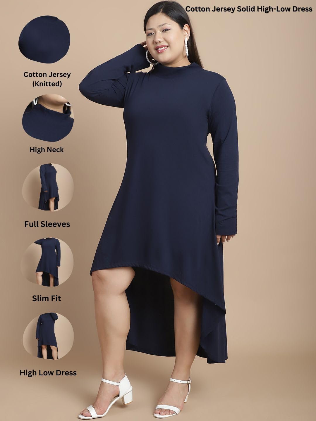 Rigo Cotton Plus Size Bodycon Midi Dress For Women | Slim Fit Full Sleeves Plus Size Women's One Piece Dress | Casual | Party | Western Midi Dress For Women Navy Blue