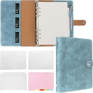 FYY Leather A5 Ring Binder Notebook, 6 Ring A5 Binder with A5 Refill Papers, Binder Pockets and Subject Dividers Paper Sheet, Travel Binder Journal Personal Planner with Ring Binder Cyan