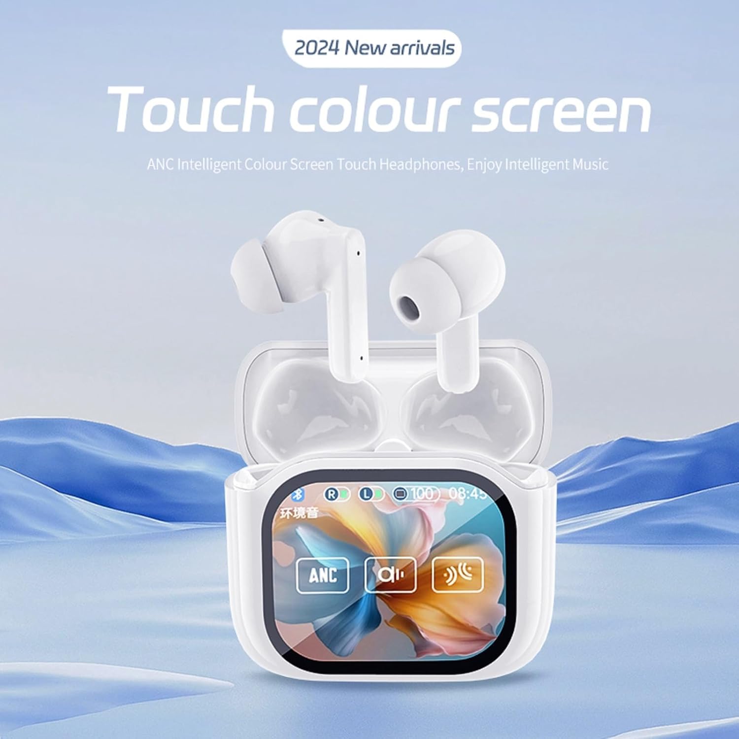 Wireless Touchscreen Earbuds with Smart Touch Screen Case - TWS True Wireless Bluetooth 5.4 Headphones - ANC Active Noise Cancelling - Blue Tooth Earphones for iPhone Android - Image 2