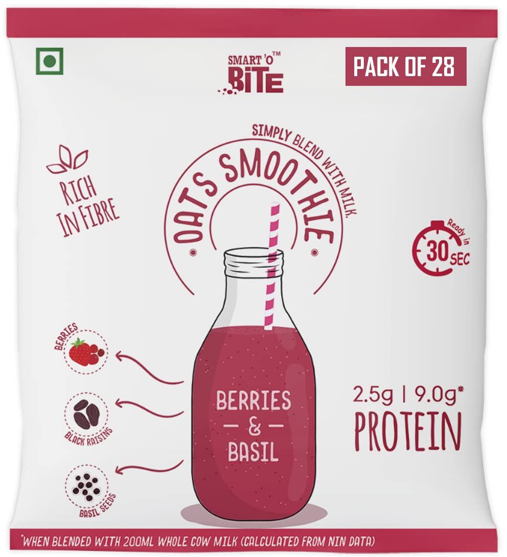 Oat Smoothie Berries & Basil I Healthy Shake Mix I 4-week Pack of 28 Sachets | No Refined Sugar | Fibre Rich | Protein Source | Ready in 30 Seconds