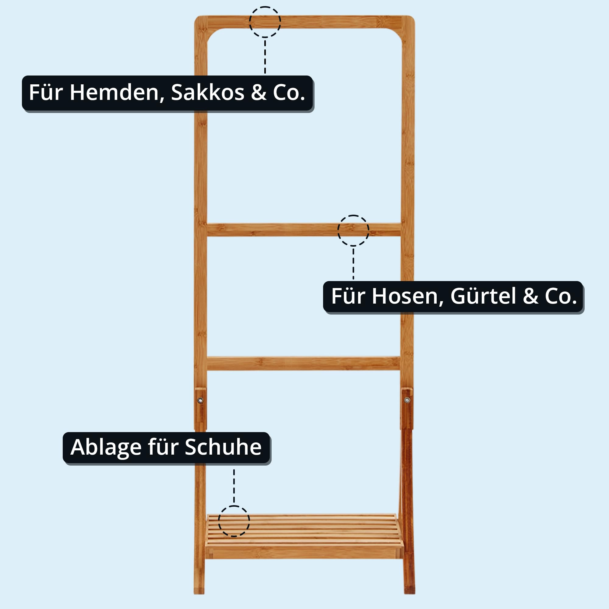 KHG Herrendiener aus Bambus Echtholz für Kleidung, Sackohalter mit Hosenbügel sowie Schuhablage, Stummer Diener fürs Schlafzimmer 104x40x28 cm