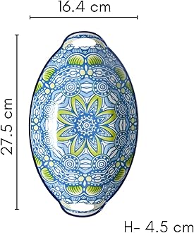 Nestasia Set of 2 Blue and Green Mandala Art Ceramic Long Dish with Handles for Serving Snacks, Appetizers, Salads, and Noodles | Microwave Safe, Dishwasher Safe (10.8 Inch)