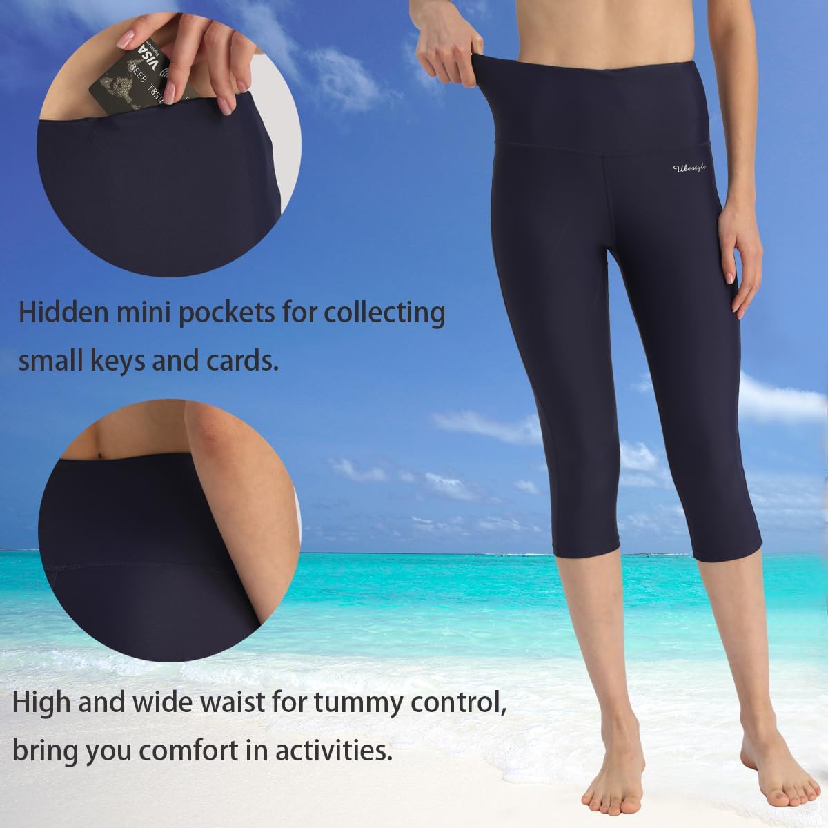 Ubestyle UPF 50+ High Waist Swim Leggings for Women Swim Capris Swim Pant Swim Tights Beach Pants Sun Protective - Image 3