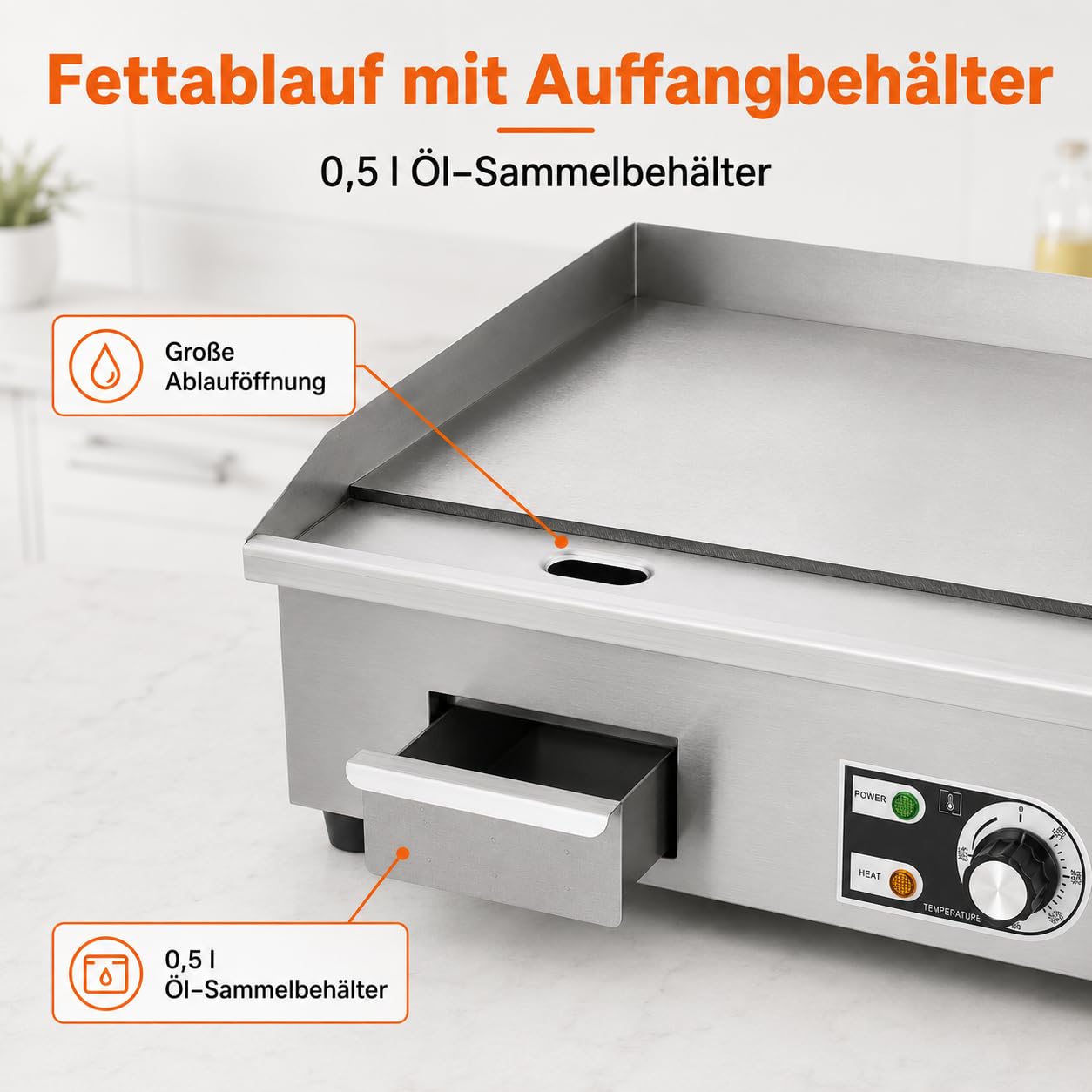 Komercyjny grill elektryczny, 3000 W, 55 x 30 cm, półpłaski grill blatowy, stal nierdzewna, grill restauracyjny z mięsa, steków, naleśników, precyzyjna regulacja temperatury 50-300°C