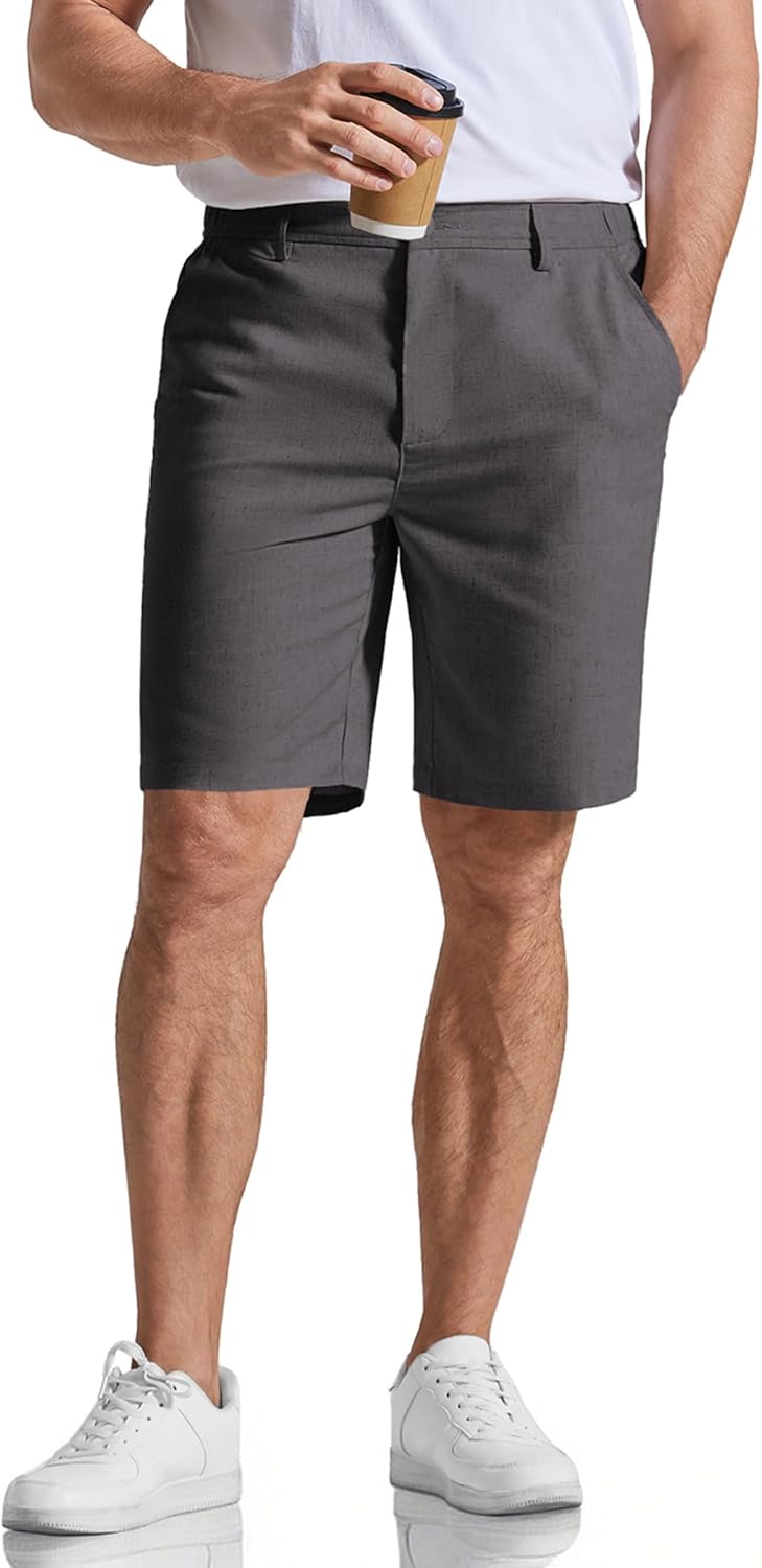 COOFANDY Mens Casual Shorts 9" Flat Front Elastic Waist Linen Dress Shorts Lightweight Summer Outfits with Pockets - Image 4