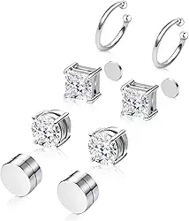 Conjunto de 4 pares de brincos de aço inoxidável hipoalergênicos de zircônia cúbica pequenos não perfurantes prata brincos falsos pretos 6-8 mm