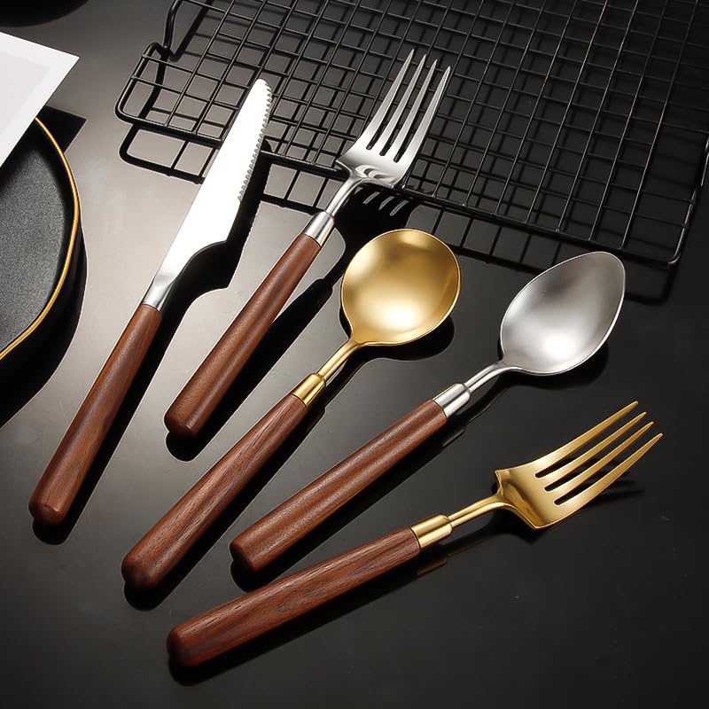 Ensemble de Couverts, 4/16/24/32 pièces, Manche en Bois, Acier Inoxydable 304, Couteau à Steak, Fourchette et cuillère, Service de Table pour Restaurant et Usage Domestique, argenté - 4 ense
