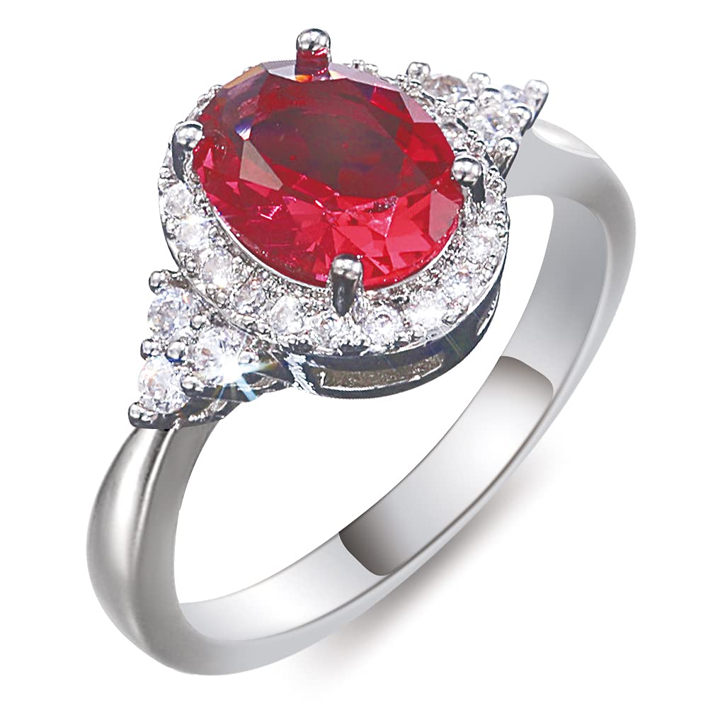 Sdouefos 925 Sterling Silver Red Created Oval Ruby Micro-Inlaid Zircon Women's Engagement Ring