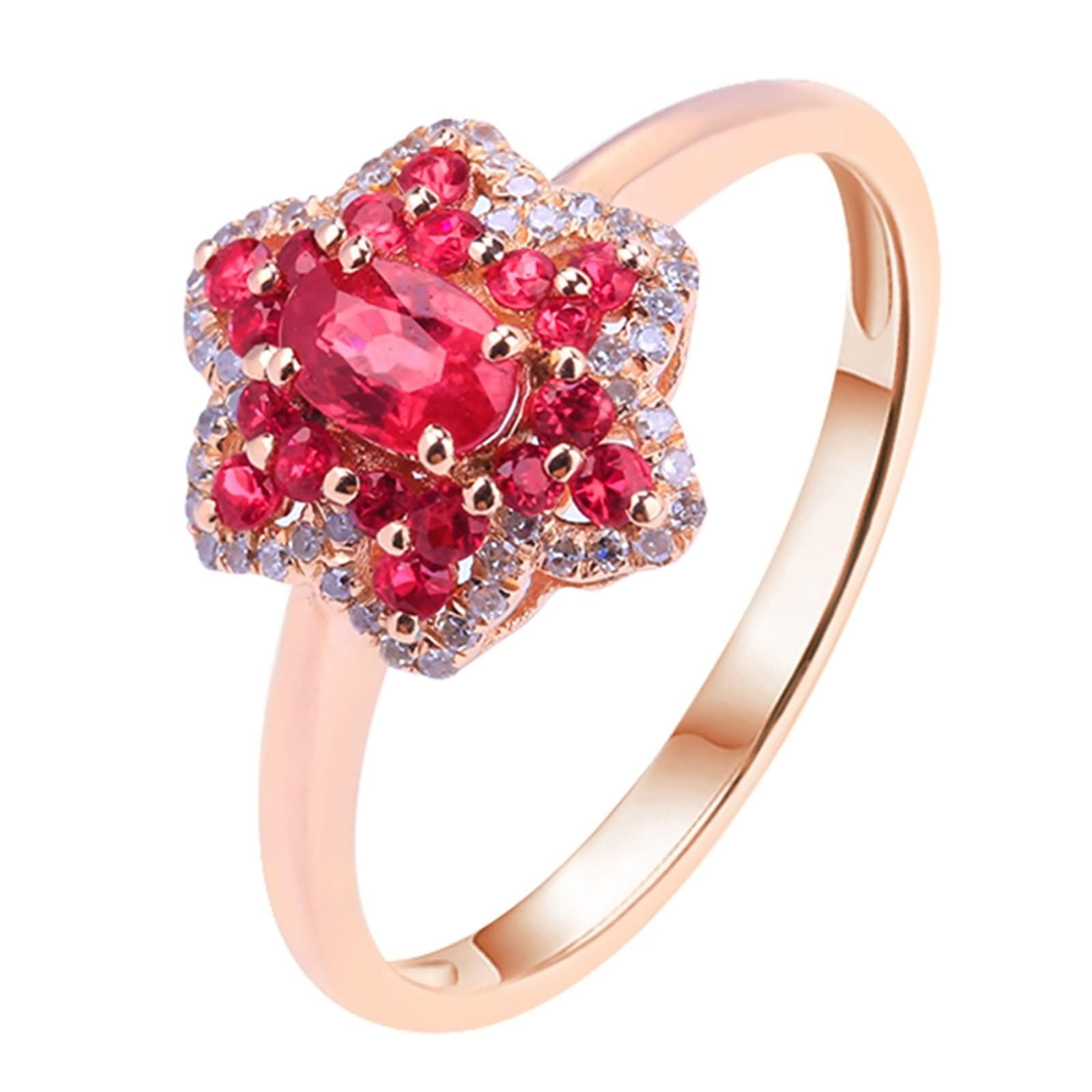 Daesar Anillos Mujer de Boda con Flor y Oval con Rubí Creado de 0.67ct y Moissanita, Oro Rosa 9K/14K/18K, Anillo de Compromiso de Matrimonio Oro Rosa
