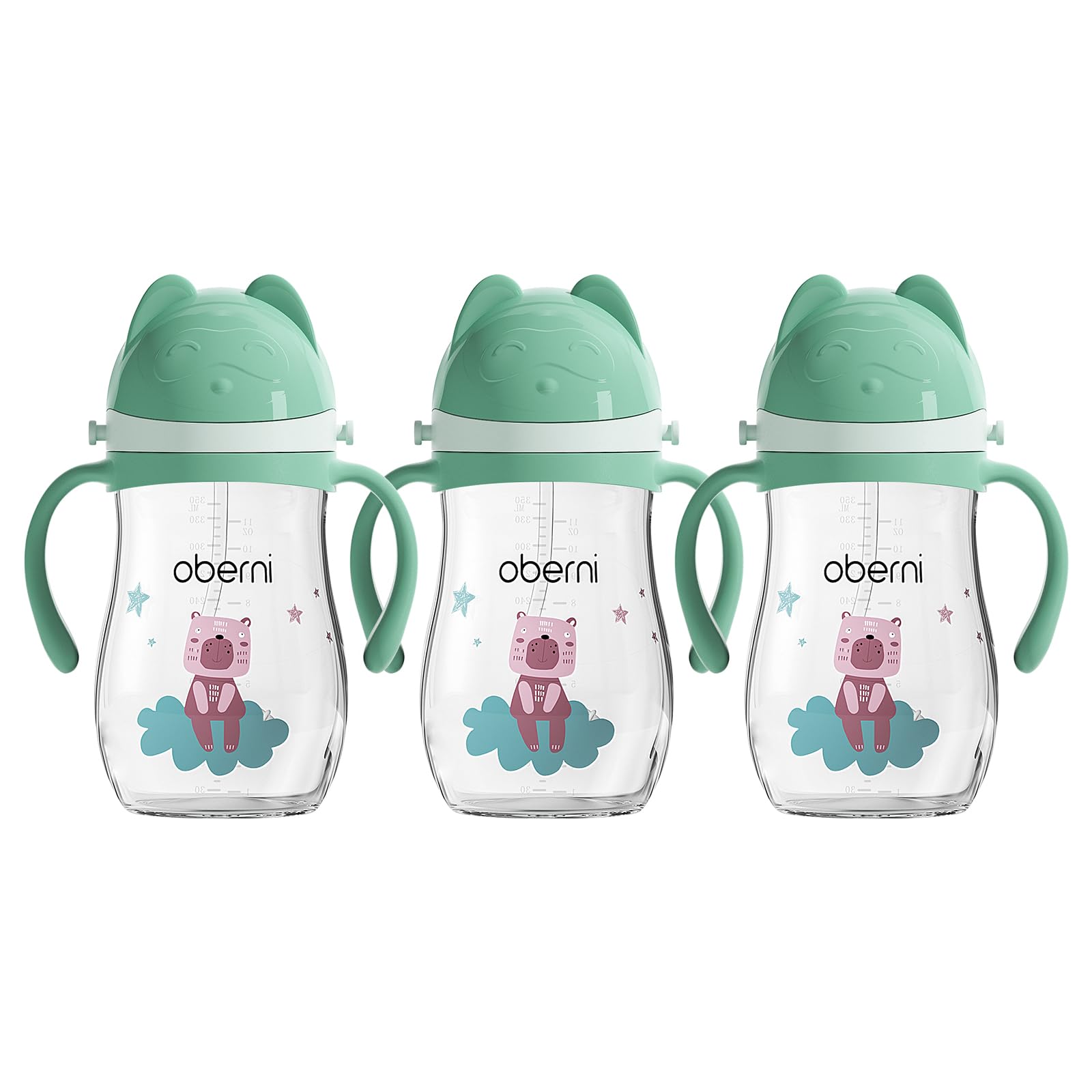 Oberni No Spill Toddler Sippy Cup, Weighted Straw Baby Water Bottle with Handle&Strap for 12 Months +, BPA-Free | Tritan | Leak Proof Valved Spout | 350ml | Green | Pack of 3