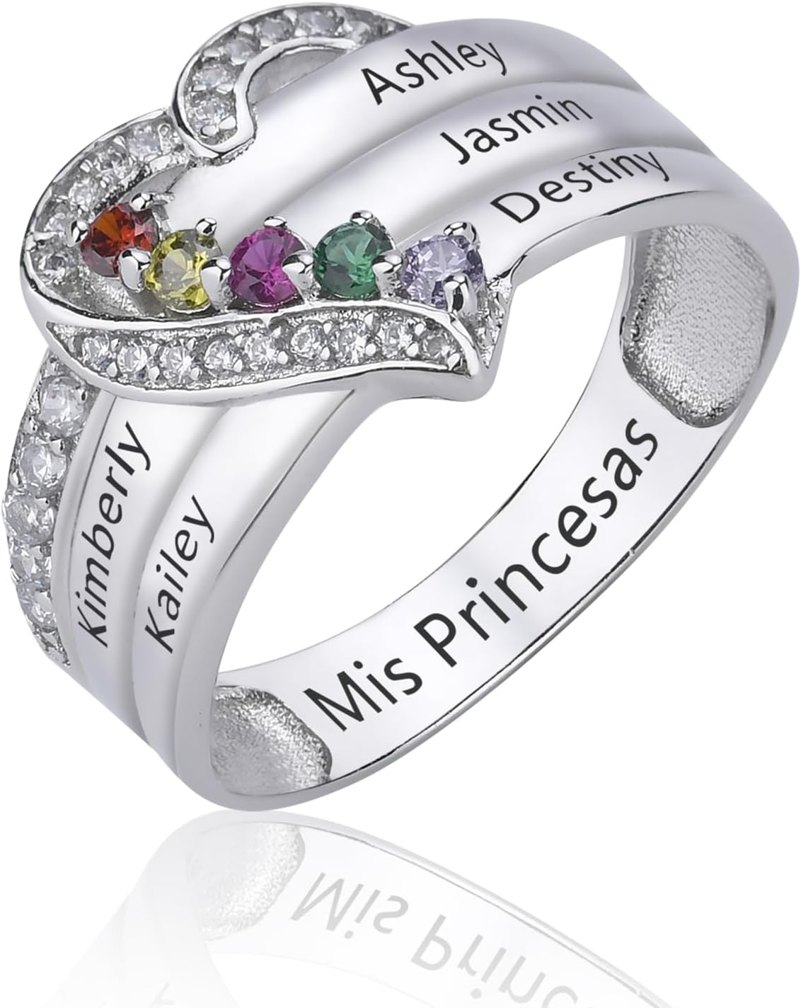 S925 Sterling Silver Personalized Heart Mother Rings with 1-8 Birthstone Custom Jewelry Mom Rings Birthstone Rings for Women