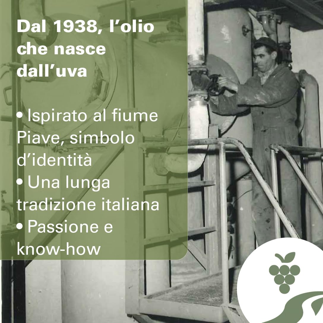 PIAVE 1938 - Olio di Semi d’Uva 25L – Olio di Vinaccioli Italiano Spremuto a Freddo – Alto Punto di Fumo 245°C – Ricco di Omega 6 e Vitamina E – Per Frittura, Cottura, Pasticceria e Uso Professionale